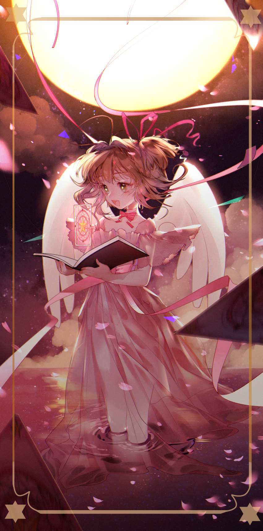 1girl, :d, absurdres, book, brown_hair, card_(medium), card_captor_sakura, dress