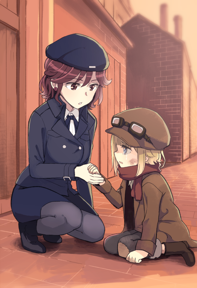 2girls, 7_(princess_principal), age_difference, ange_(princess_principal), beret, boots, bruise, cabbie_hat