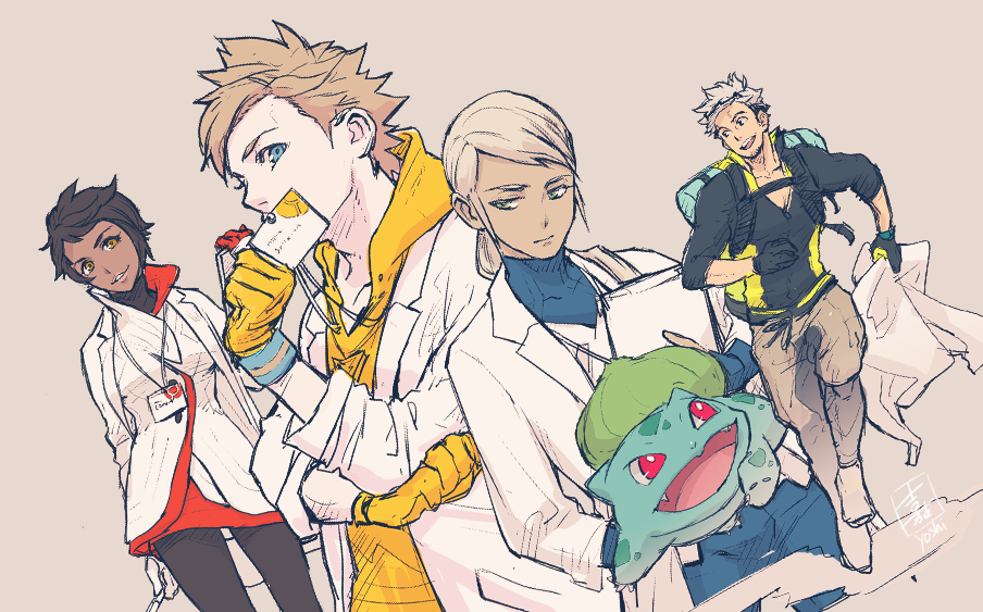 2boys, 2girls, androgynous, backpack, bag, blanche_(pokemon), blue_eyes, brown_background, brown_hair, bulbasaur, candela_(pokemon), dark_skin, dutch_angle, gloves, green_eyes, hood, hoodie, labcoat, long_hair, looking_to_the_side, multiple_boys, multiple_girls, pokemon, pokemon_(creature), pokemon_go, red_eyes, running, short_hair, simple_background, smile, spark_(pokemon), willow_(pokemon), yellow_eyes, yoshimi