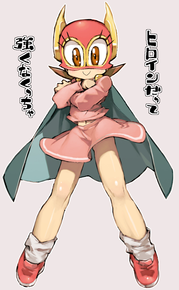 1girl, :>, blue_cape, blush, brown_hair, cape, closed_mouth, crossed_arms