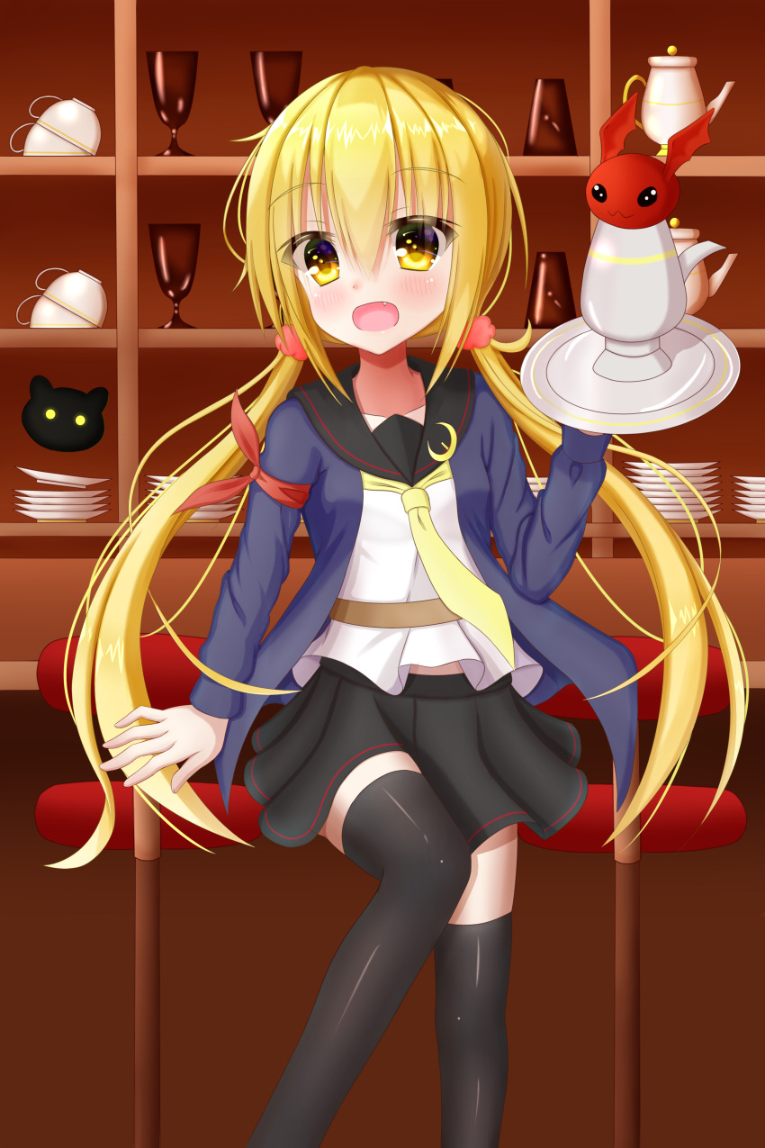 1girl, :d, absurdres, arm_at_side, bangs, bar_stool, bat_wings, black_legwear