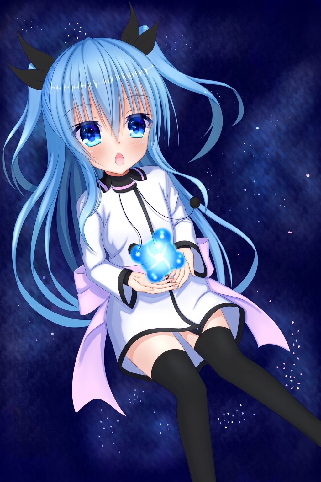 1girl, bangs, black_legwear, black_ribbon, blue_eyes, blue_hair, blush, bow