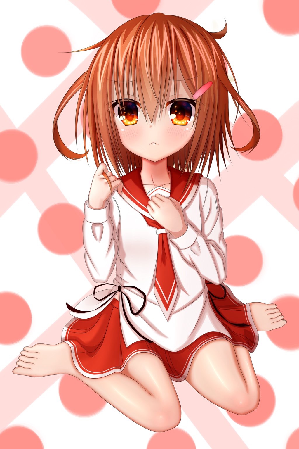 1girl, :<, alternate_costume, bangs, barefoot, blush, brown_eyes, brown_hair