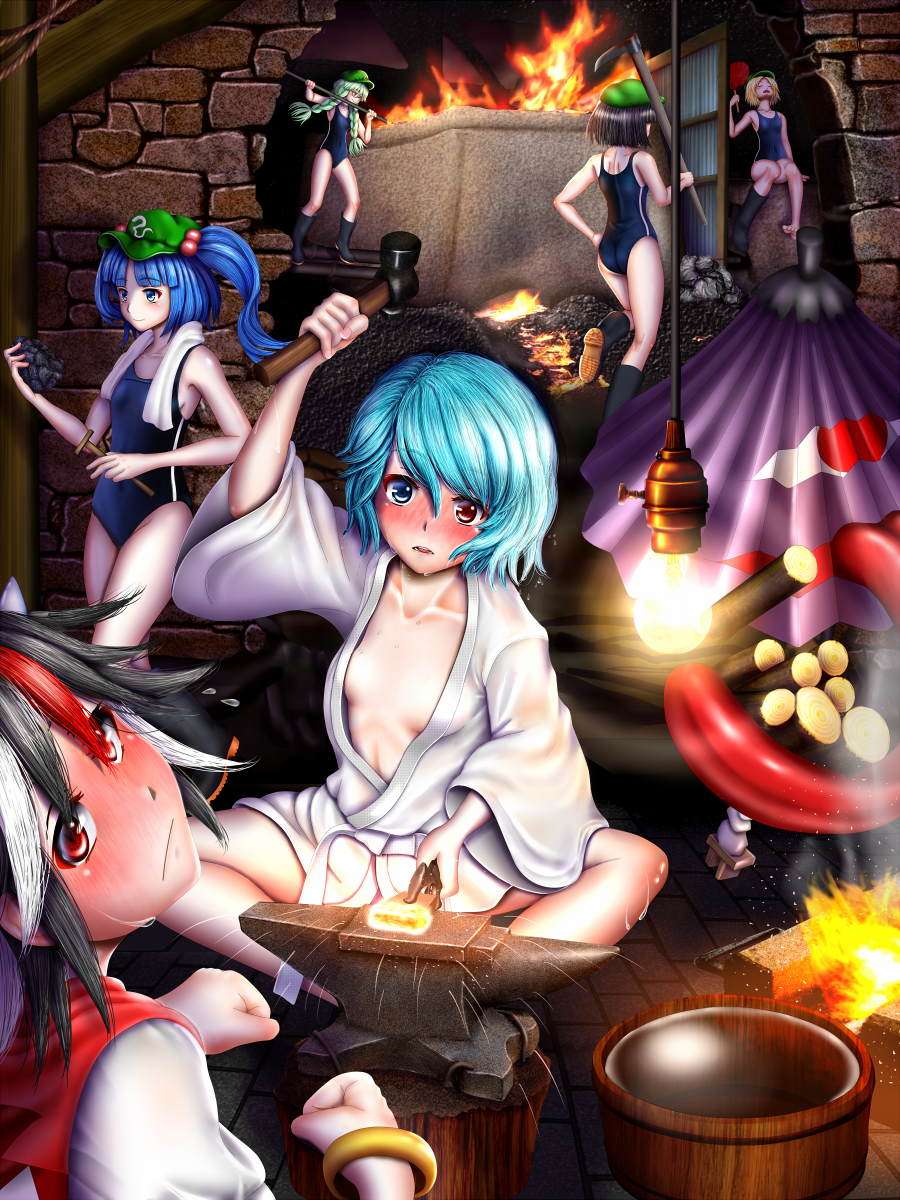 6+girls, anvil, arm_up, ass, bangle, bare_arms, bare_legs, black_hair