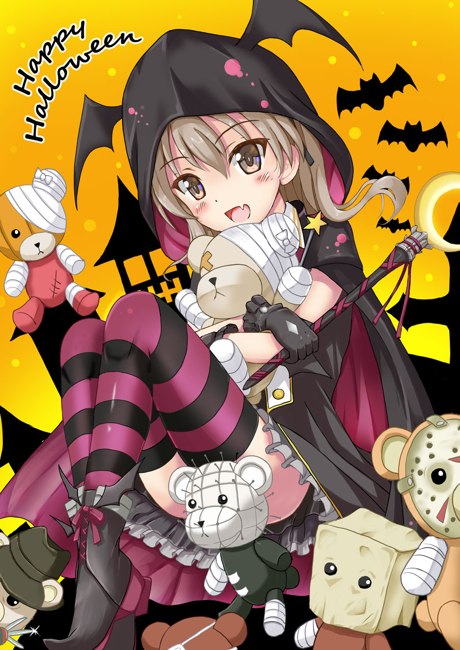 1girl, animal_print, ankle_boots, bangs, bat_print, black_cape, black_dress, black_footwear