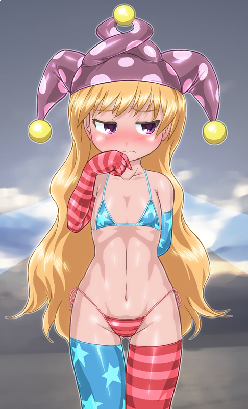 1girl, alternate_legwear, american_flag_bikini, american_flag_gloves, american_flag_legwear, arm_behind_back, bangs, bare_shoulders, bikini, blonde_hair, blush, clownpiece, commentary_request, cowboy_shot, facing_viewer, fairy_wings, flag_print, flat_chest, gluteal_fold, halter_top, halterneck, hat, jester_cap, long_hair, looking_away, micro_bikini, navel, pink_eyes, polka_dot, purple_hat, solo, stomach, swimsuit, thigh-highs, thigh_gap, touhou, very_long_hair, wings, winn