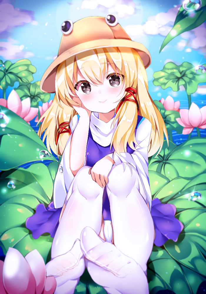 1girl, :>, bangs, black_eyes, blonde_hair, brown_hat, closed_mouth, feet, flower, foreshortening, hair_ribbon, hand_on_own_cheek, hand_on_own_knee, hat, head_tilt, leaf, long_hair, lotus, miniskirt, moriya_suwako, no_shoes, outdoors, panties, pantyshot, pantyshot_(sitting), plant, purple_skirt, red_ribbon, ribbon, ripples, shu_(pjxv7485), sitting, skirt, skirt_set, smile, solo, thigh-highs, touhou, tress_ribbon, underwear, vest, water, water_drop, white_legwear, white_panties