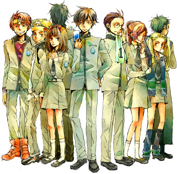 everyone, inaba_masao, kido_reiji, kirishima_eriko, mayuzumi_yukino, namahamuro-su, nanjo_kei, nanjou_kei, persona, persona_1, school_uniform, sonomura_maki, toudou_naoya, uesugi_hidehiko