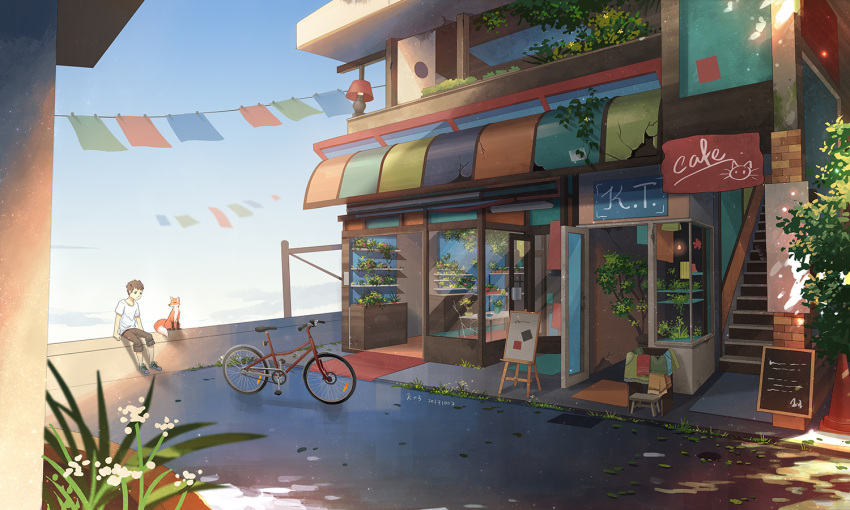 1boy, artist_name, bicycle, brown_hair, dappled_sunlight, dated, fox, ground_vehicle