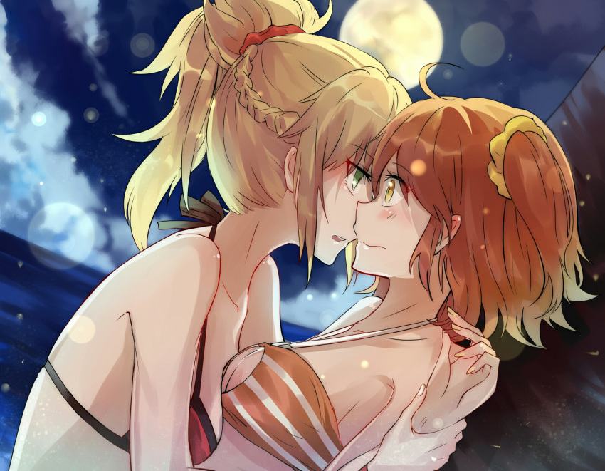 2girls, against_tree, ahoge, aili_(aliceandoz), bare_shoulders, beach, bikini, blonde_hair