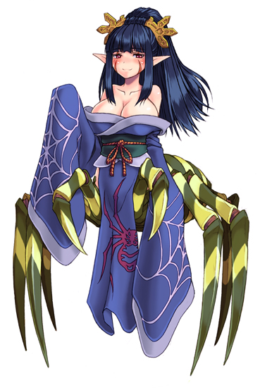 blue_hair, blush, breasts, brown_eyes, cleavage, demon_girl, japanese_clothes, kenkou_cross