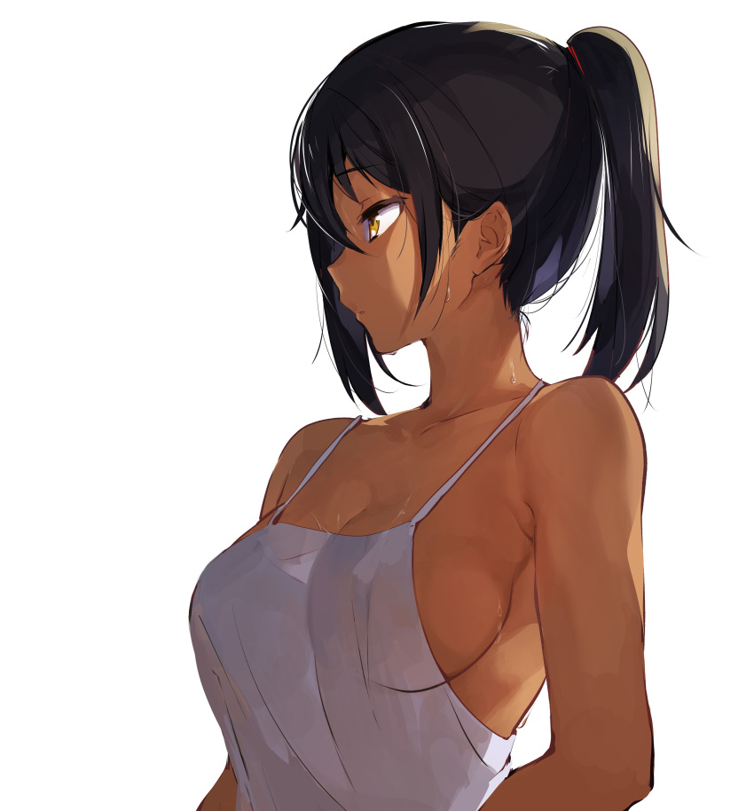 1girl, absurdres, black_hair, breasts, camisole, dark_skin, dated, highres, konbu_wakame, medium_breasts, ponytail, profile, revision, sideboob, simple_background, solo, sweat, upper_body, white_background, yellow_eyes, yumemiru_prima_girl