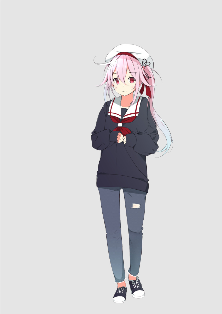 1girl, 2910335, blush, grey_background, harusame_(kantai_collection), highres, kantai_collection, simple_background, solo