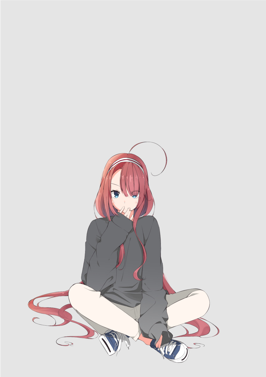 1girl, 2910335, alternate_costume, blue_eyes, blush, casual, full_body, grey_background