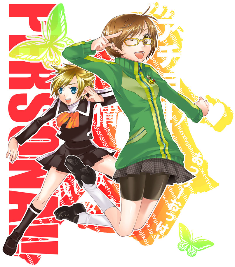 bike_shorts, blonde_hair, brown_hair, fighting_stance, glasses, jumping, lisa_silverman, persona, persona_2, persona_3, persona_4, satonaka_chie, school_uniform, short_hair, skirt, socks, tnko_(pixiv65974), tomboy, toriniku_(suikyou), track_jacket, wink, yellow-framed_glasses