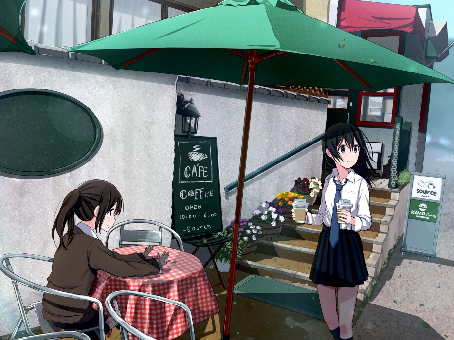 2girls, black_hair, black_legwear, black_skirt, blue_eyes, blue_neckwear, blush, breast_pocket