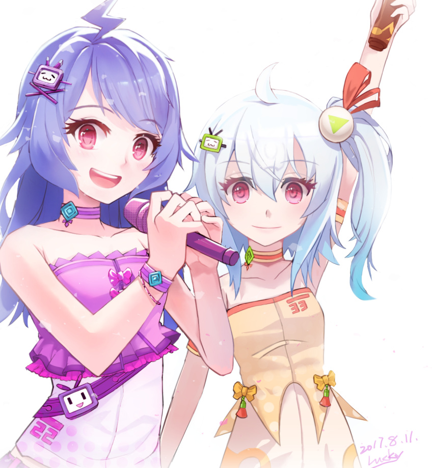 2girls, ahoge, artist_name, bare_shoulders, bili_girl_22, bili_girl_33, bilibili_douga, blue_hair, blush, choker, close-up, collarbone, dated, eyebrows_visible_through_hair, hair_ornament, highres, long_hair, looking_at_viewer, luckiiy, multiple_girls, open_mouth, pink_eyes, short_hair, short_ponytail, side_ponytail, signature, silver_hair, smile, x_hair_ornament