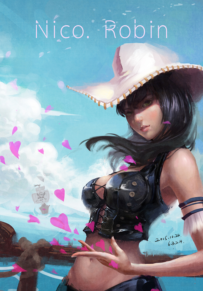 1girl, 6.3.2.4., armlet, artist_name, bangs, bare_shoulders, black_hair, blue_sky, breasts, character_name, clouds, cowboy_hat, dated, day, floating_hair, green_eyes, hair_over_shoulder, hat, heart, jolly_roger, lace_trim, lips, long_hair, looking_at_viewer, midriff, navel, nico_robin, ocean, one_piece, outdoors, parted_lips, petals, pirate_ship, railing, sail, ship, sky, solo, standing, stomach, upper_body, vest, watercraft, wind