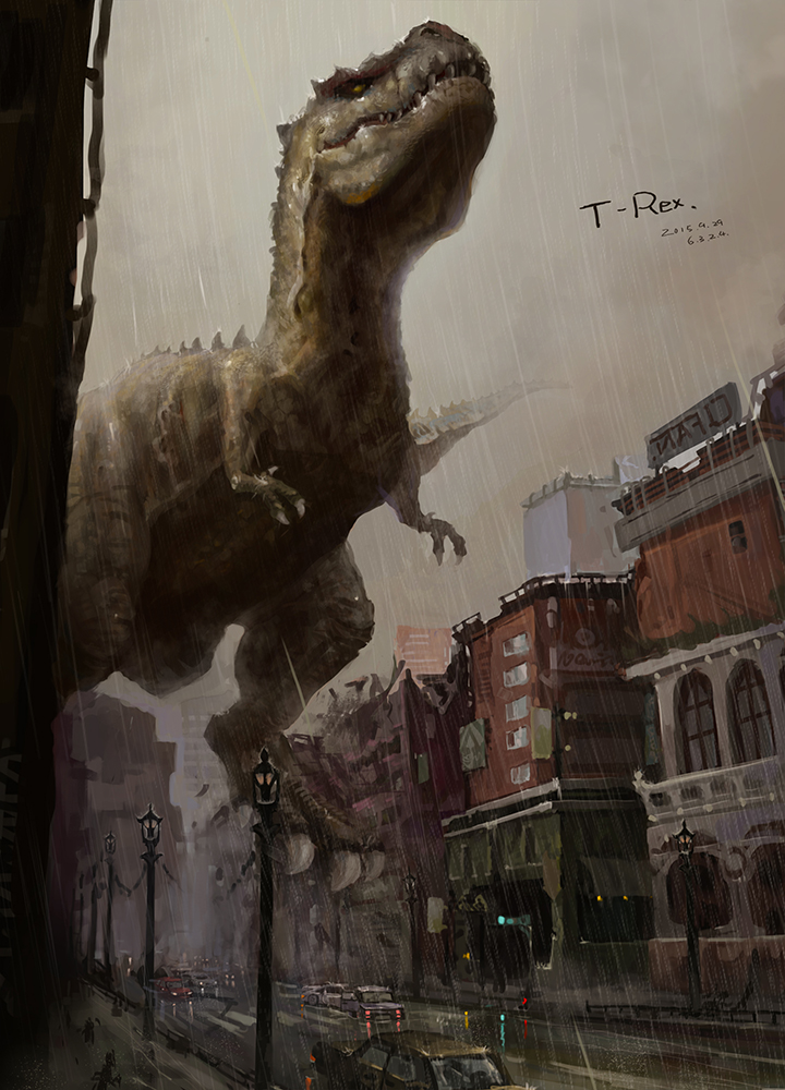 6.3.2.4., animal, artist_name, car, character_name, city, claws, dated, day, destruction, dinosaur, fog, ground_vehicle, kaijuu, lamppost, motor_vehicle, no_humans, original, outdoors, oversized_animal, rain, road, sharp_teeth, street, teeth, traffic_light, tyrannosaurus_rex