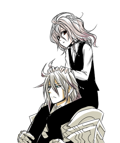 2boys, ahoge, armor, armored_dress, bangs, black_pants, carrying, carrying_over_shoulder
