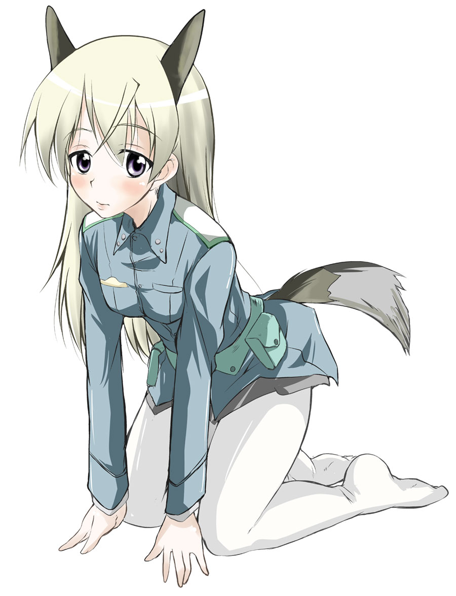 bad_id, blue_eyes, blush, eila_ilmatar_juutilainen, long_hair, military, military_uniform, narusawa_kei, pantyhose, strike_witches, tail, uniform, white_legwear, white_pantyhose