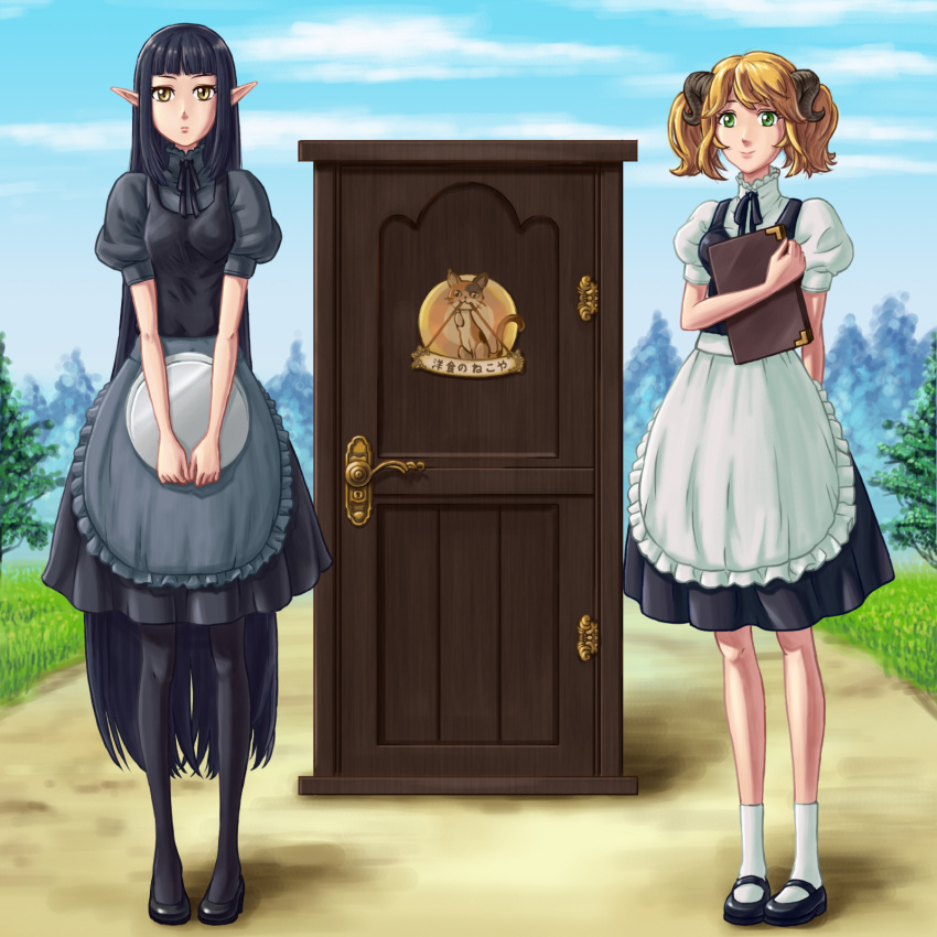 2girls, aletta, demon_horns, door, highres, horns, isekai_shokudou, kuro_(isekai_shokudou)