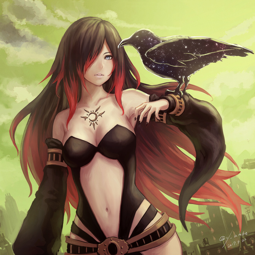 1girl, anbe_yoshirou, arm_at_side, armpits, bare_shoulders, bird, bird_on_arm, black_detached_sleeves