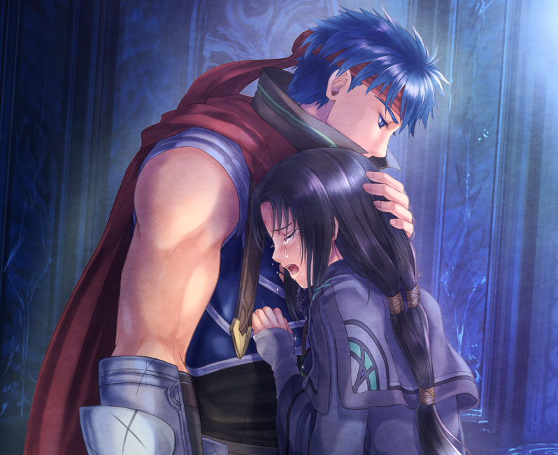 2boys, armor, black_hair, blue_eyes, blue_hair, cape, facial_mark, fire_emblem