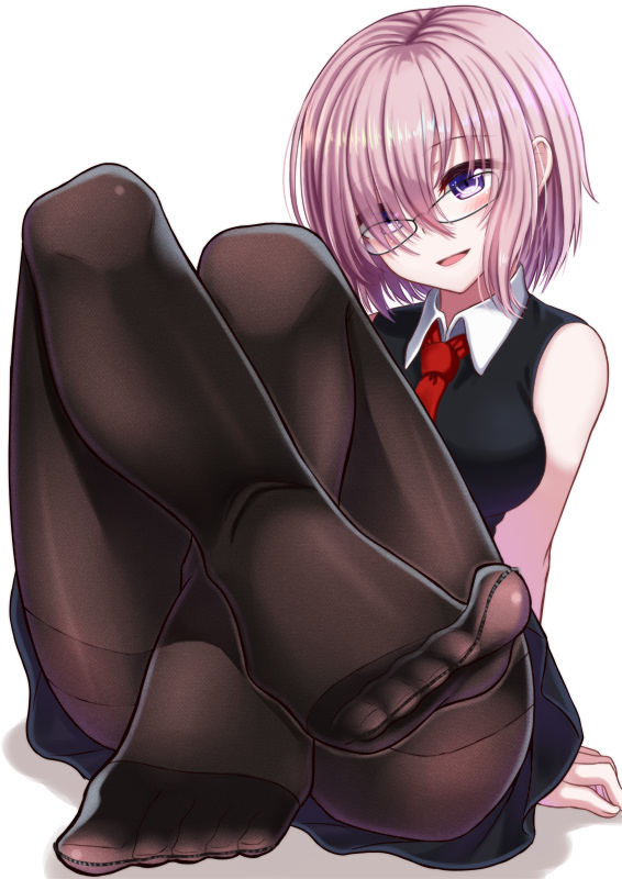 1girl, black_dress, black_legwear, commentary_request, dress, fate/grand_order, fate_(series), feet, glasses, hair_over_one_eye, looking_at_viewer, mizunashi_hayate, necktie, no_shoes, open_mouth, pantyhose, pov_feet, purple_hair, shielder_(fate/grand_order), short_hair, simple_background, solo, thighband_pantyhose, toes, violet_eyes, white_background