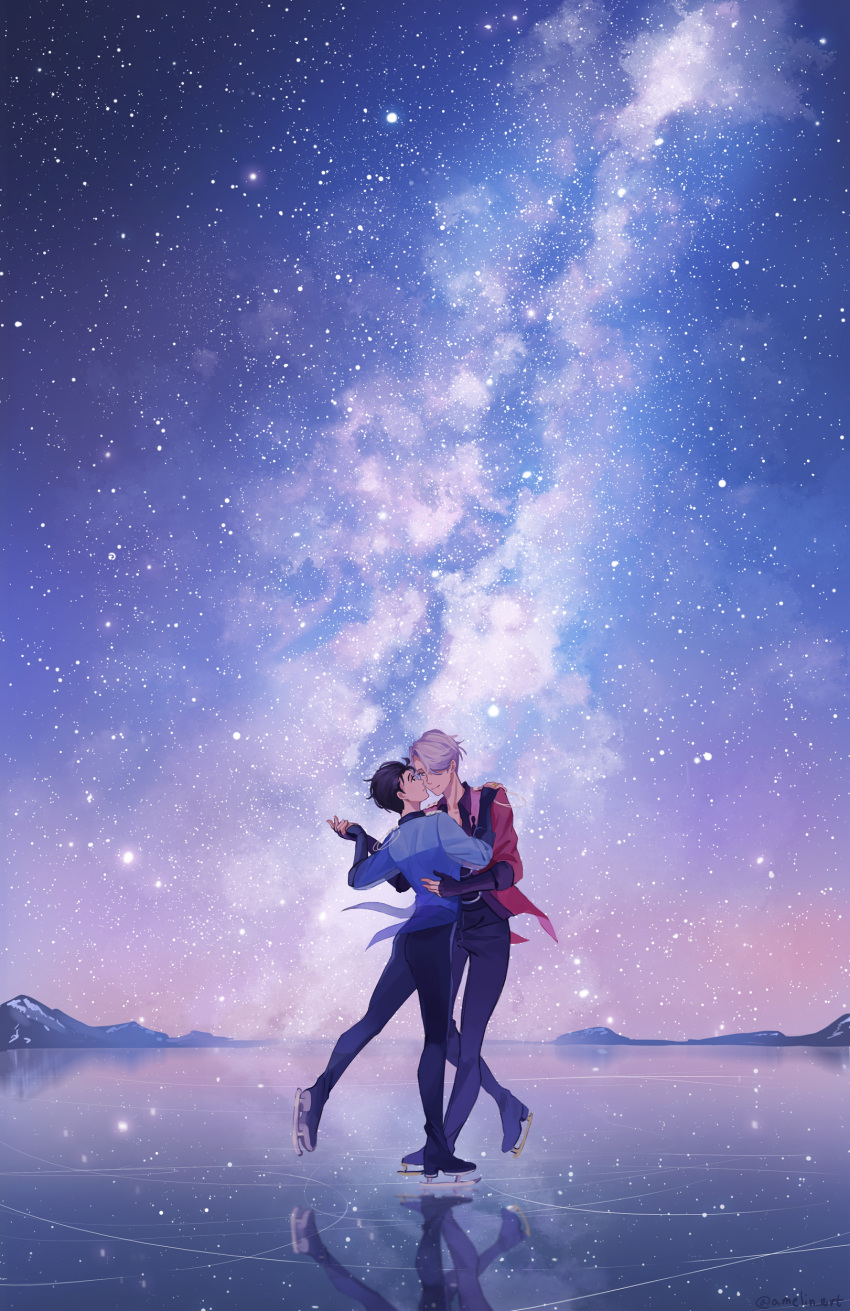 2boys, absurdres, ameli-ya, black_hair, blue_eyes, brown_eyes, dancing, eye_contact