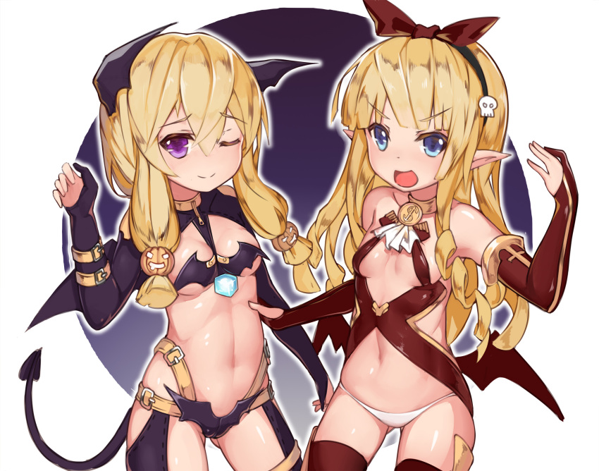 2girls, :d, ;), azur_lane, bat_wings, belt_buckle, black_gloves, black_hairband