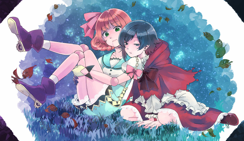 2girls, commentary_request, doll_joints, grass, highres, leaves_in_wind, looking_at_viewer, moromoimaru