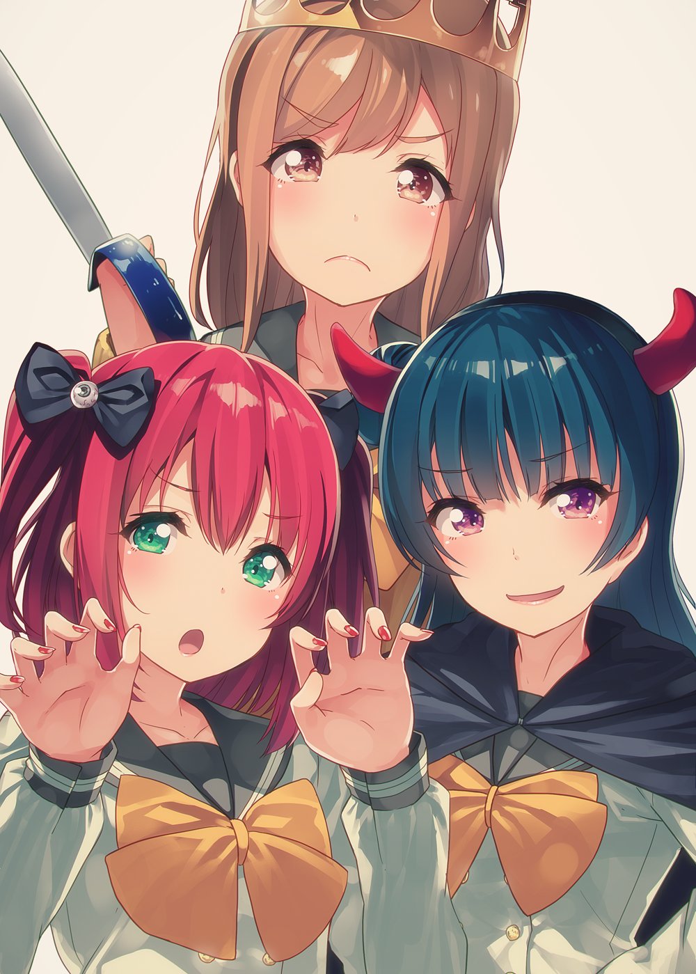 >:(, 3girls, :o, aqua_eyes, bangs, beige_background, black_bow, blue_hair