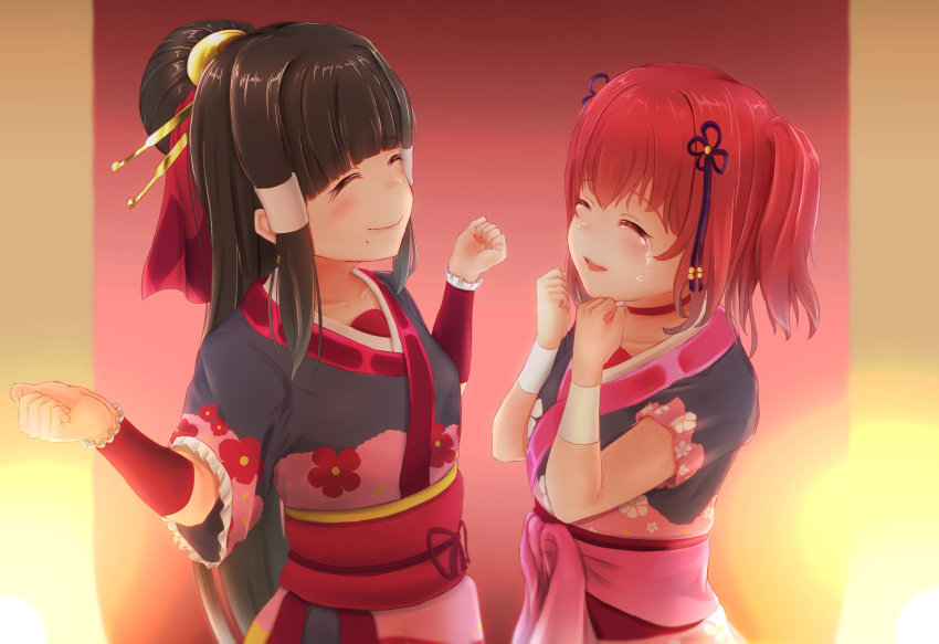 2girls, aqua_eyes, black_hair, commentary_request, gundamzukidayo, hair_ornament, highres, kurosawa_dia
