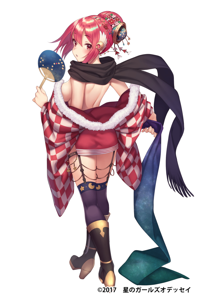 1girl, antares_(hoshi_no_girls_odyssey), back, black_footwear, black_legwear, black_scarf, boots, breasts