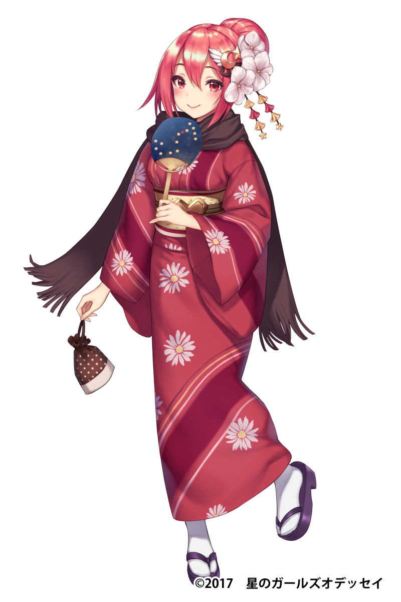 1girl, antares_(hoshi_no_girls_odyssey), black_scarf, crescent, crescent_hair_ornament, fan, floral_print, flower