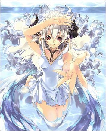 hand_over_head, horns, tagme, white_dress, wings