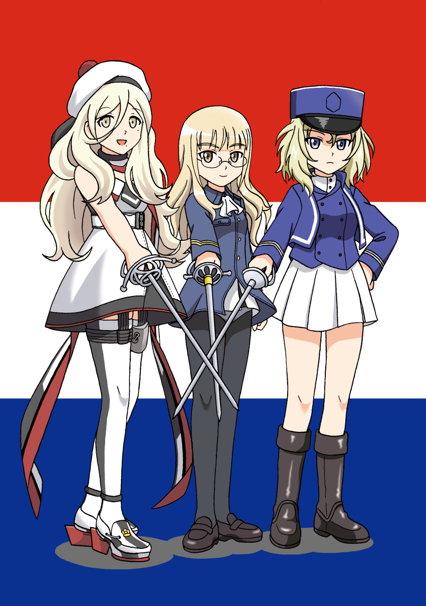 3girls, :d, absurdres, beret, blue_eyes, brown_eyes, crossover, france, girls_und_panzer, glasses, hat, highres, holding, hoshino_banchou, kantai_collection, light_brown_hair, long_hair, looking_at_viewer, mole, mole_under_eye, multiple_crossover, multiple_girls, open_mouth, osuda_(girls_und_panzer), perrine_h_clostermann, pleated_skirt, rapier, richelieu_(kantai_collection), scarf, skirt, smile, strike_witches, sword, trait_connection, weapon, world_witches_series