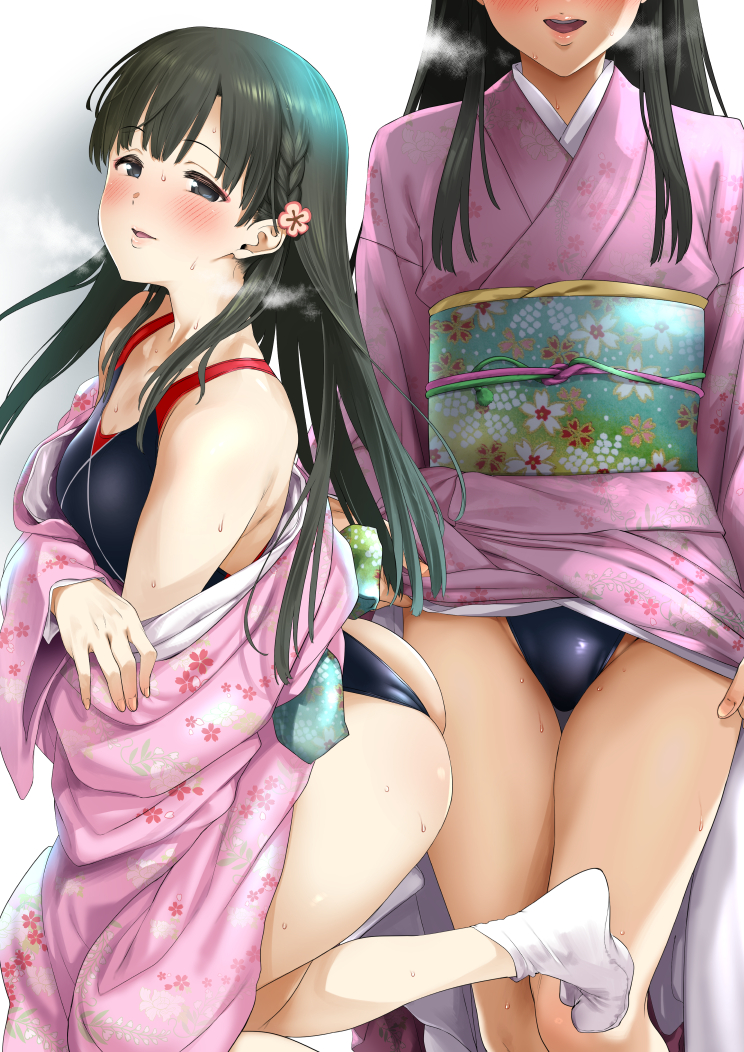 1girl, ass, backlighting, bangs, bare_shoulders, black_eyes, black_hair, black_swimsuit