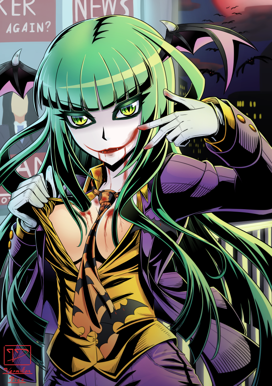 1girl, batman_(series), breasts, canine, cleavage, cosplay, dc_comics, formal, gloves, green_eyes, green_hair, head_wings, highres, large_breasts, long_hair, long_sleeves, makeup, morrigan_aensland, necktie, smile, solo, suit, the_joker, the_joker_(cosplay), vampire_(game), vermillion_dice, wings