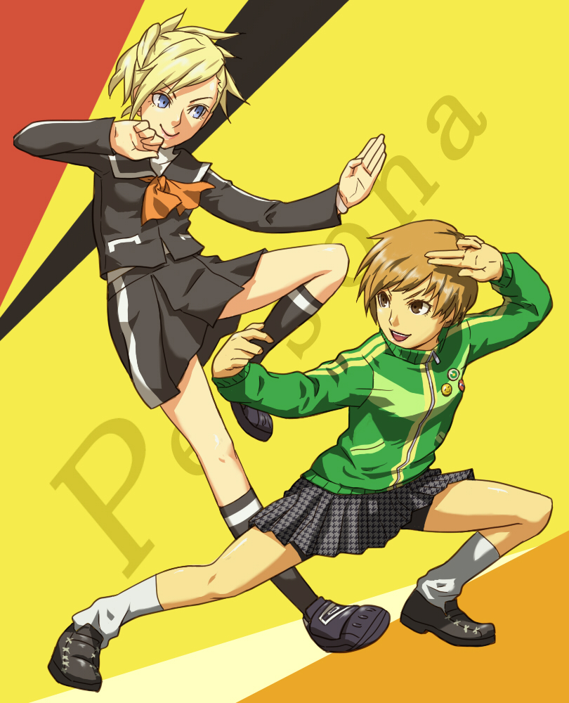 bad_id, blonde_hair, blue_eyes, brown_eyes, crossover, fighting_stance, kung_fu, lisa_silverman, martial_arts, multiple_girls, persona, persona_2, persona_4, pleated_skirt, satonaka_chie, school_uniform, senri, short_hair, skirt, smile, socks, tomboy, track_jacket, vs