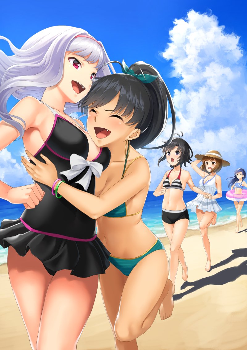 5girls, :d, aqua_bikini, barefoot, beach, bikini, bikini_shorts, black_hair