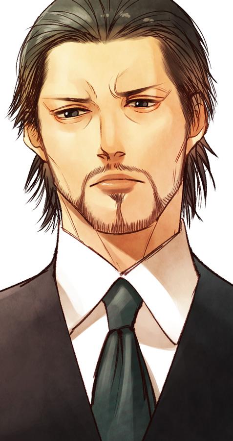 1boy, beard, black_eyes, black_hair, close-up, doujima_daigo, facial_hair, formal