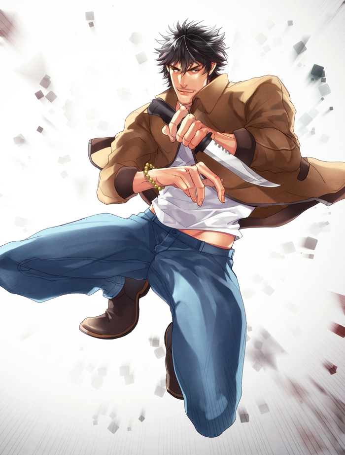 1boy, action, beard, black_hair, bracelet, brown_jacket, denim, facial_hair