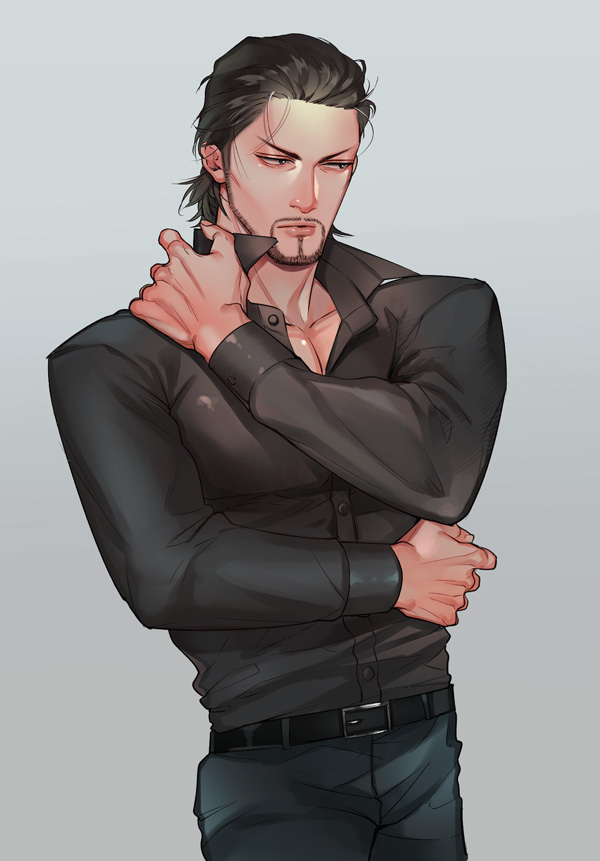 1boy, beard, black_hair, black_shirt, doujima_daigo, dress_shirt, facial_hair, hand_on_own_shoulder