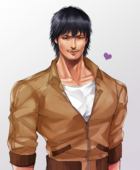 1boy, beard, black_hair, collarbone, facial_hair, heart, jacket, looking_at_viewer