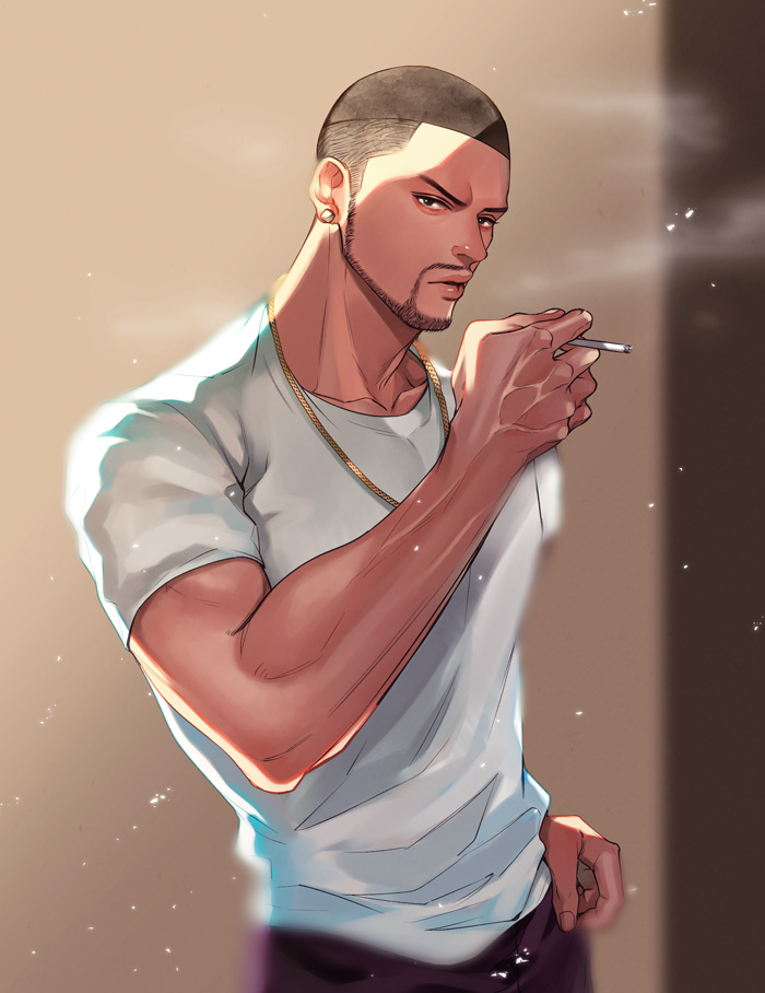 1boy, beard, black_eyes, black_hair, chiron_(moonlight), cigarette, dark_skin, dark_skinned_male, earrings, facial_hair, jewelry, male_focus, matsu_(bandan), moonlight_(movie), muscle, necklace, older, shirt, solo, t-shirt, tank_top