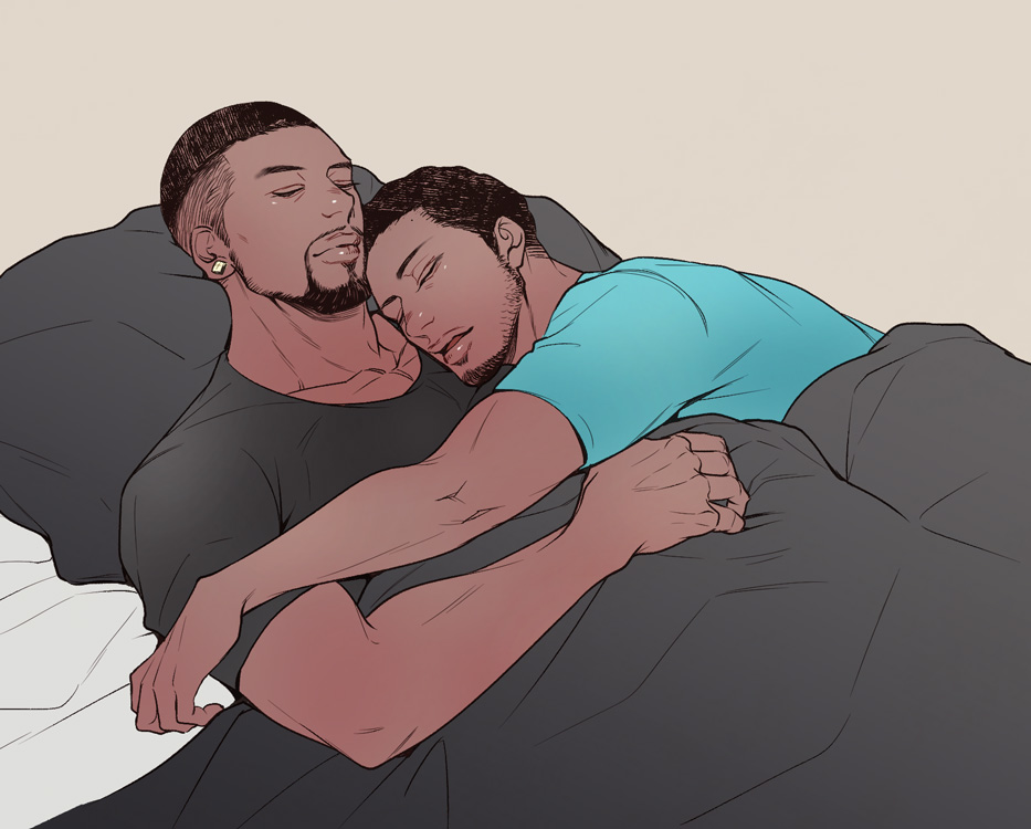 2boys, beard, bed, black_hair, blanket, chiron_(moonlight), couple, dark_skin