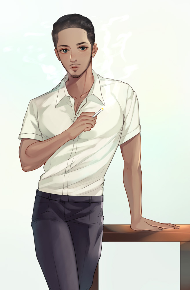 1boy, beard, black_eyes, cigarette, dark_skin, dark_skinned_male, facial_hair, holding, holding_cigarette, kevin_(moonlight), male_focus, matsu_(bandan), moonlight_(movie), solo