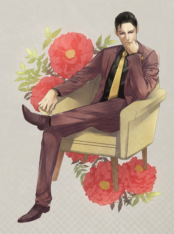 1boy, ahoge, black_hair, chin_rest, couch, flower, hair_slicked_back, legs_crossed